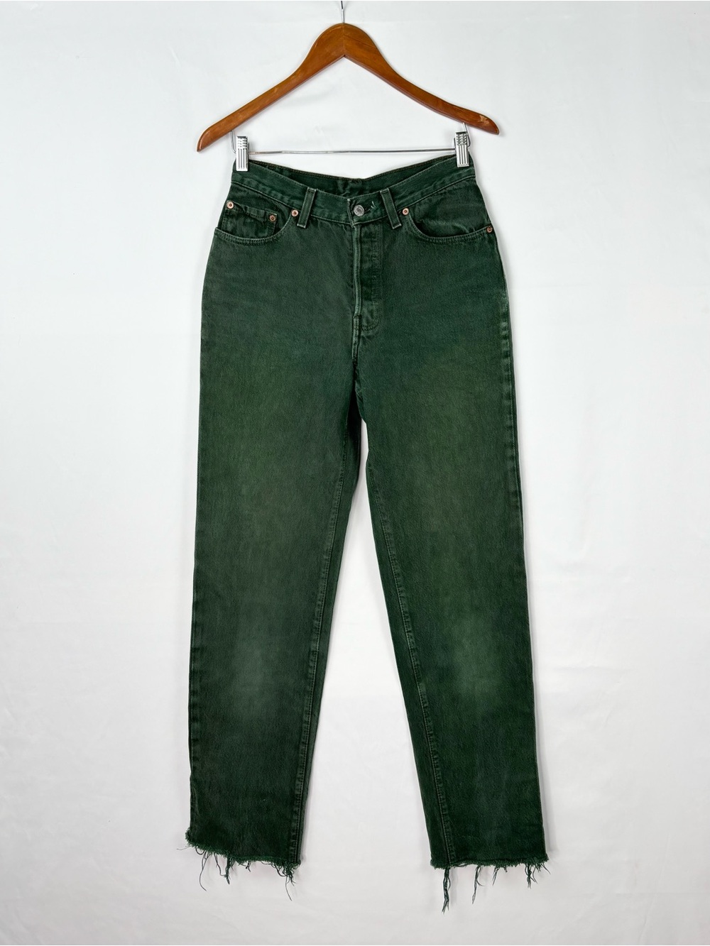 Vintage Levi’s XX 501 Green Denim Jeans Slim Straight USA Cotton Raw Hem